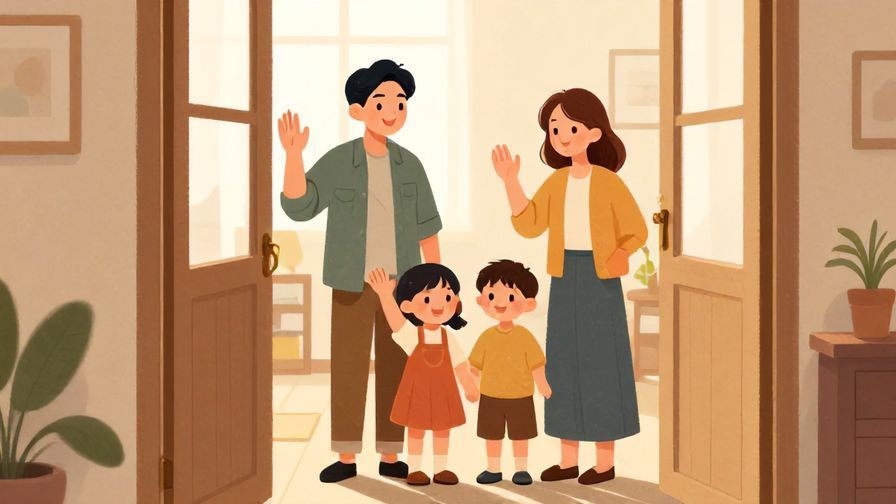 Illustration%20of%20a smiling family waving goodbye at the door, sunlit cozy home background