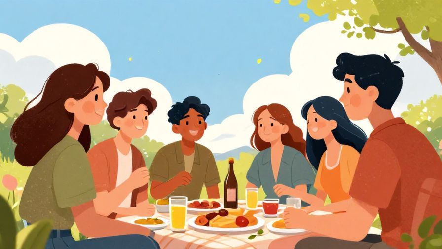 Illustration%20of%20a smiling group of friends laughing together%20at%20a%20picnic%20with%20sunshine%20and%20blue%20sky%2C%20illustrated%20style