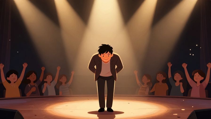 Illustration%20of%20a smiling performer bowing on stage, bright spotlights, excited audience