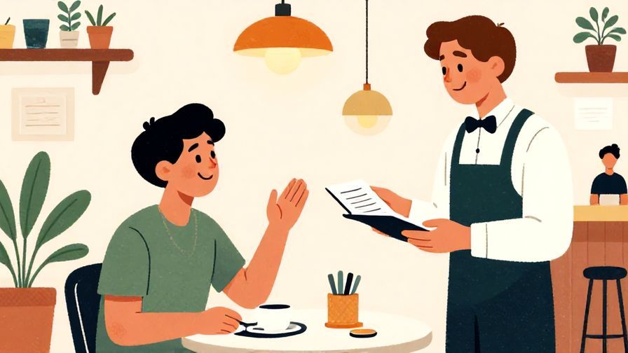Illustration%20of%20a smiling person casually asking a waiter for the bill in a friendly cafe, colorful and lively background, illustrated style