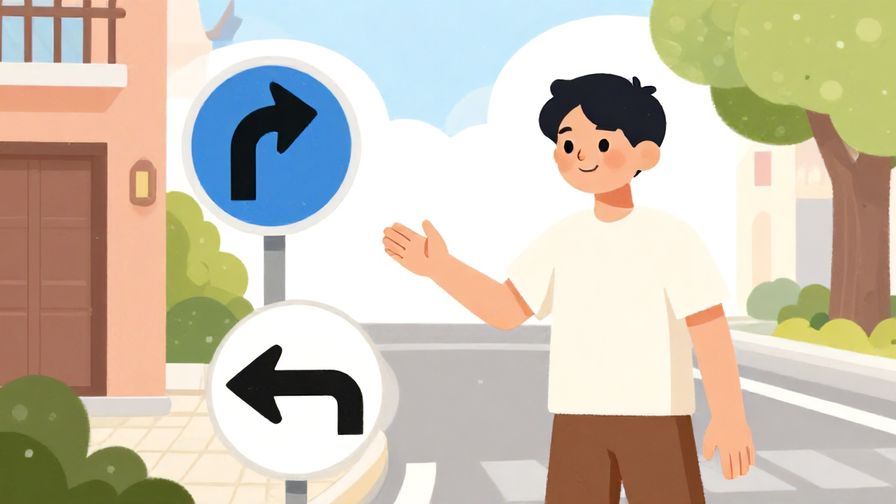 Illustration%20of%20a smiling person encouraging a left turn, relaxed vibe, sunny street scene, illustrated style