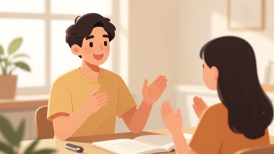 Illustration%20of%20a smiling person encouraging a friend to repeat something, bright and cheerful indoor setting