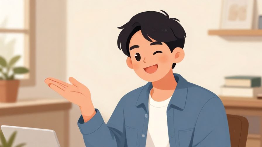 Illustration%20of%20a smiling person giving a casual wink with a cozy indoor study background