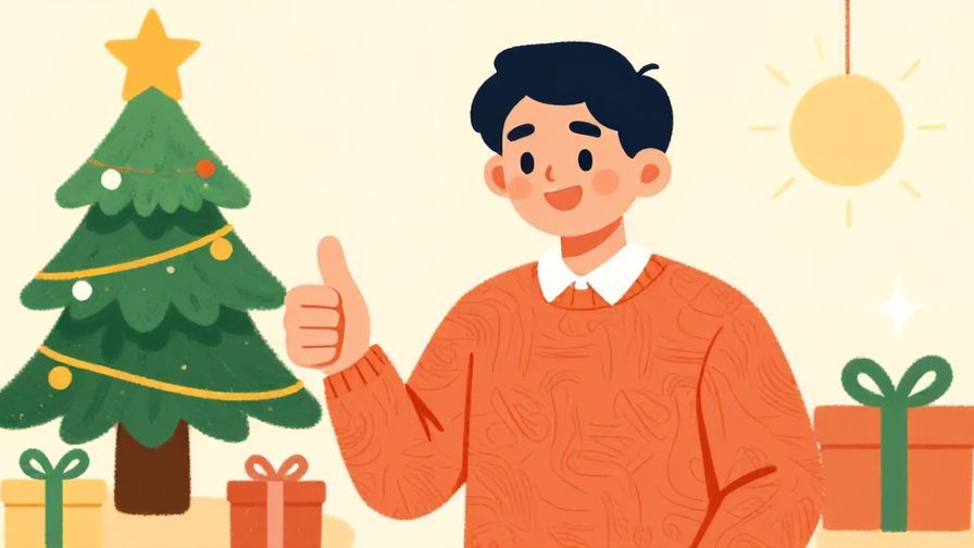Illustration%20of%20a smiling person giving a thumbs-up with a Christmas tree and gifts in the background, bright and playful colors, illustrated style