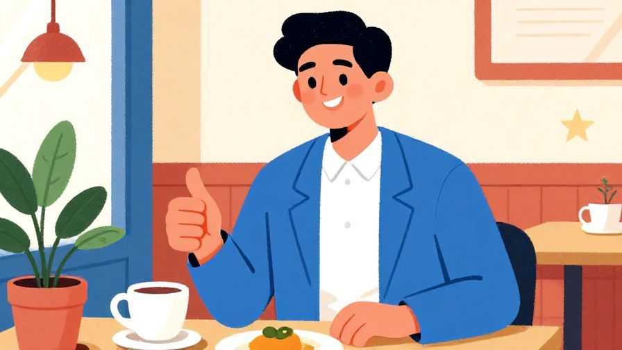 Illustration%20of%20a smiling person giving a thumbs-up in a café, casual formal attire, vibrant colors, illustrated style