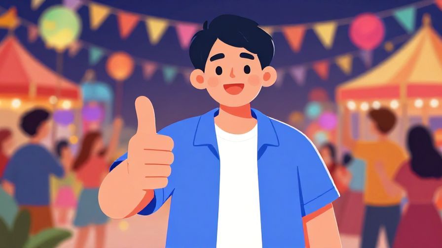 Illustration%20of%20a smiling person giving a thumbs-up, colorful festival background, lively atmosphere