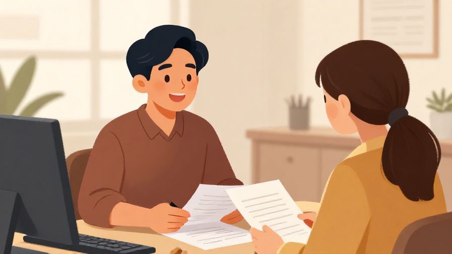 Illustration%20of%20a smiling person happily assisting another with paperwork in an office, warm tones, illustrated style