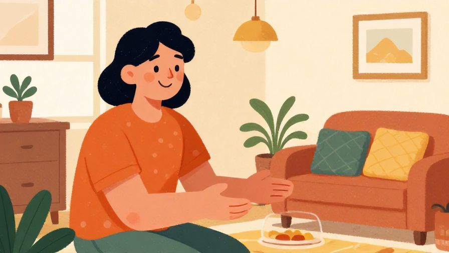 Illustration%20of%20a smiling person happily offering help with open hands in a cozy home setting, vibrant colors, illustrated style