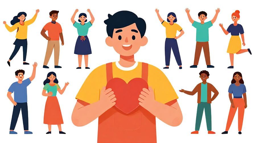 Illustration%20of%20a smiling person holding a heart, with various types of people illustrated around, colorful and joyful scene