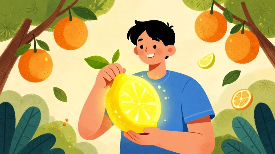 Illustration%20of%20a smiling person holding a lemon like a power source with glowing light, surrounded by citrus trees, vibrant colors, illustrated style