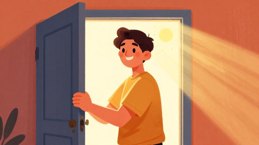 Illustration%20of%20a smiling person holding an open door with sunlight streaming in, hopeful expression. Vibrant, warm colors, illustrated style