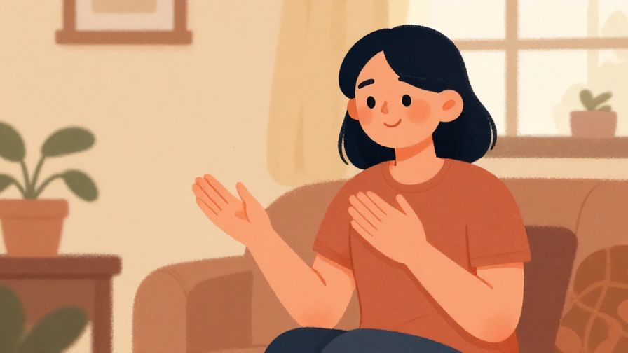 Illustration%20of%20a smiling person holding up a hand to gently ask for patience, cozy home setting, warm colors, illustrated style