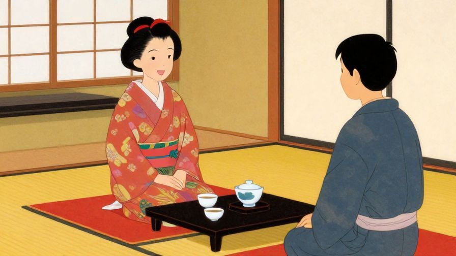 Illustration%20of%20a smiling person inviting another to join for tea, beautiful traditional Japanese room, vibrant colors, illustrated style