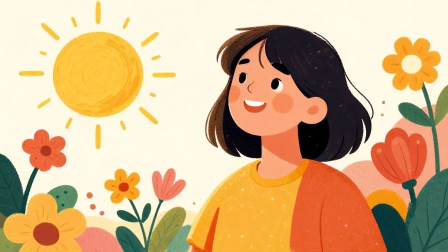 Illustration%20of%20a smiling person looking hopeful%20with%20sunlight%20and%20flowers%20around%20them%2C%20vibrant%20colors%2C%20illustrated%20style