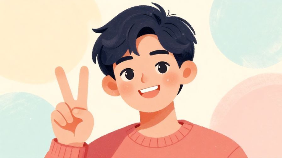 Illustration%20of%20a smiling person making a peace sign, soft pastel background, vibrant colors, illustrated style