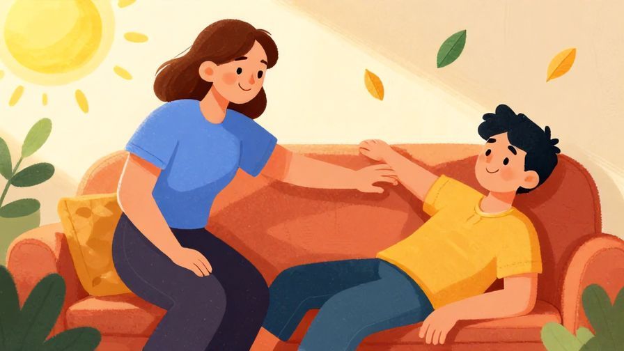Illustration%20of%20a smiling person nudging a lazy friend on a couch with bright sun rays and floating leaves, vibrant colors, illustrated style