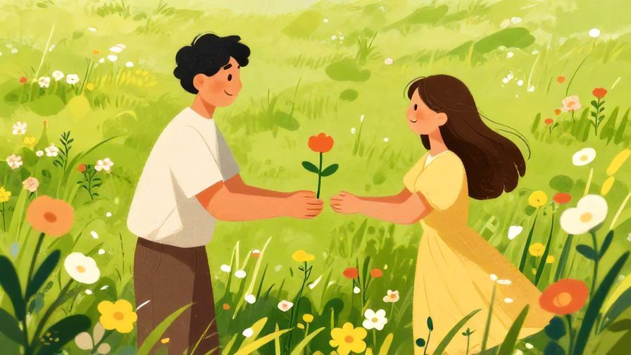 Illustration%20of%20a smiling person offering a flower to another in a bright, flowery meadow%2C%20vibrant%20colors%2C%20illustrated%20style