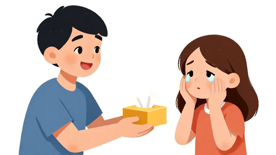 Illustration%20of%20a smiling person offering a small tissue box to a friend with tears in their eyes, playful and caring atmosphere, bright colors, illustrated style