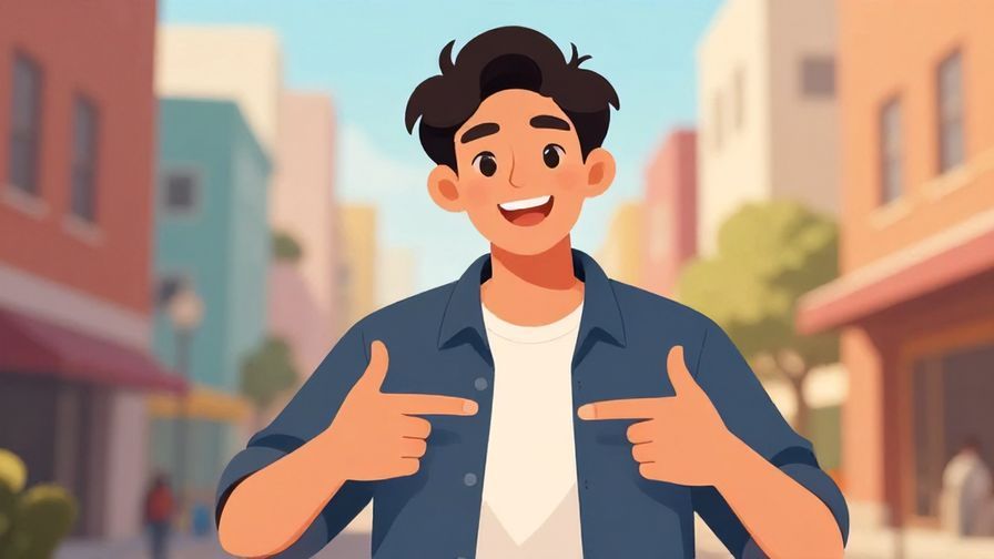 Illustration%20of%20a smiling person pointing at themselves with a friendly expression, colorful urban background, warm lighting