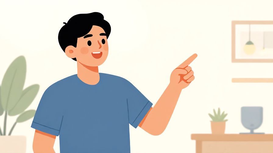 Illustration%20of%20a smiling person pointing toward something offscreen enthusiastically, casual indoor setting