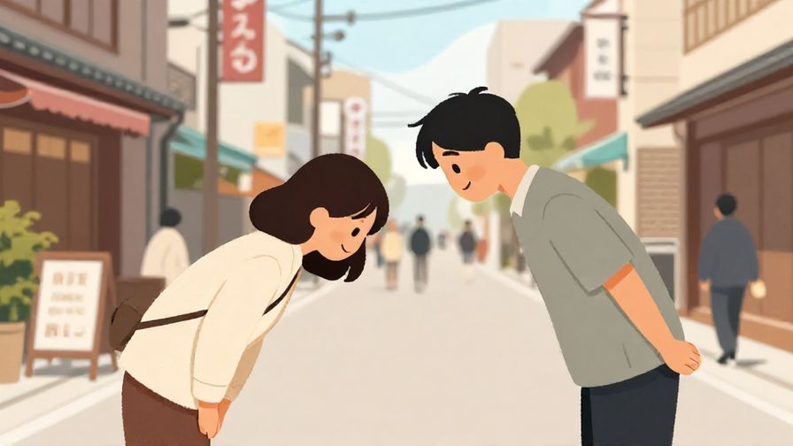 Illustration%20of%20a smiling person politely bowing in a busy street, soft colors, urban Japanese background, illustrated style