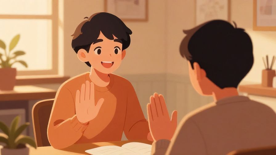 Illustration%20of%20a smiling person politely signaling to another to take their turn, cozy room, warm lighting