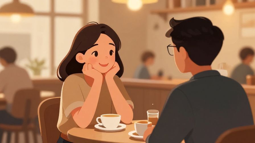 Illustration%20of%20a smiling person quietly nodding while chatting in a café, warm lighting and cozy atmosphere