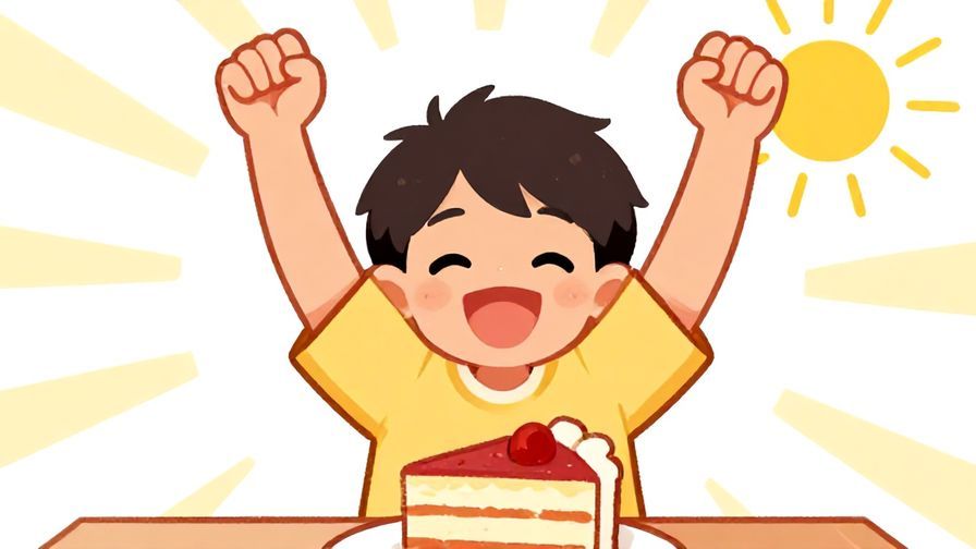 Illustration%20of%20a smiling person raising a fist triumphantly while eating a slice of cake, with bright sun rays and joyful atmosphere.