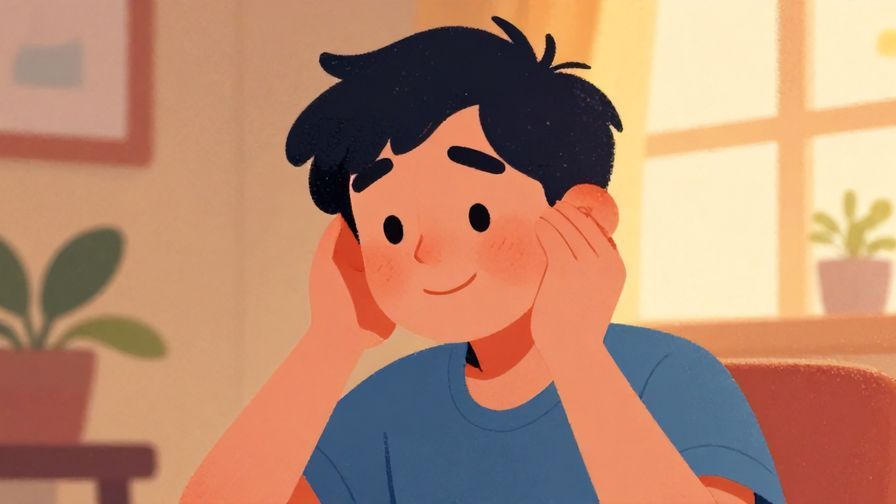 Illustration%20of%20a smiling person shaking their head gently with a playful expression, indoor warm lighting, vibrant colors, illustrated style