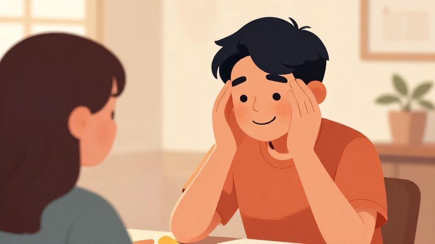 Illustration%20of%20a smiling person shaking their head gently in informal setting, warm colors