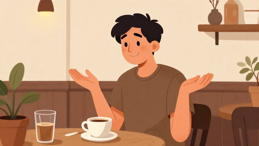 Illustration%20of%20a smiling person shrugging slightly%20while%20chatting%20in%20a%20cozy%20coffee%20shop%2C%20warm%20interior%2C%20illustrated%20style