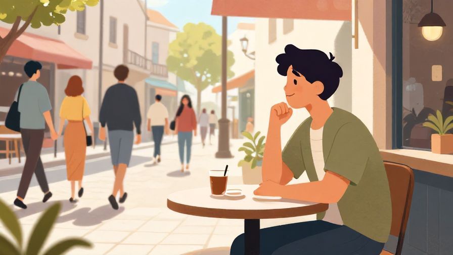 Illustration%20of%20a smiling person sitting at a cafe table, watching people pass by on a sunny street