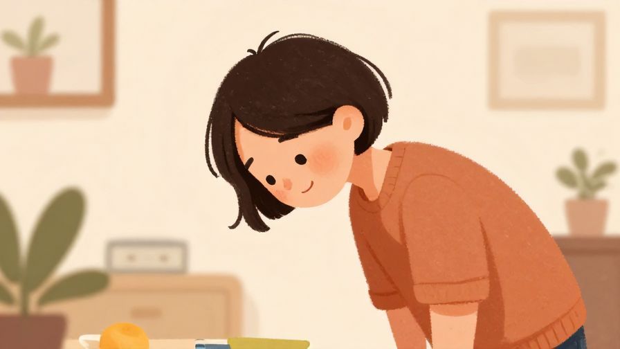 Illustration%20of%20a smiling person slightly bowing with a soft, cozy indoor background, warm colors, illustrated style