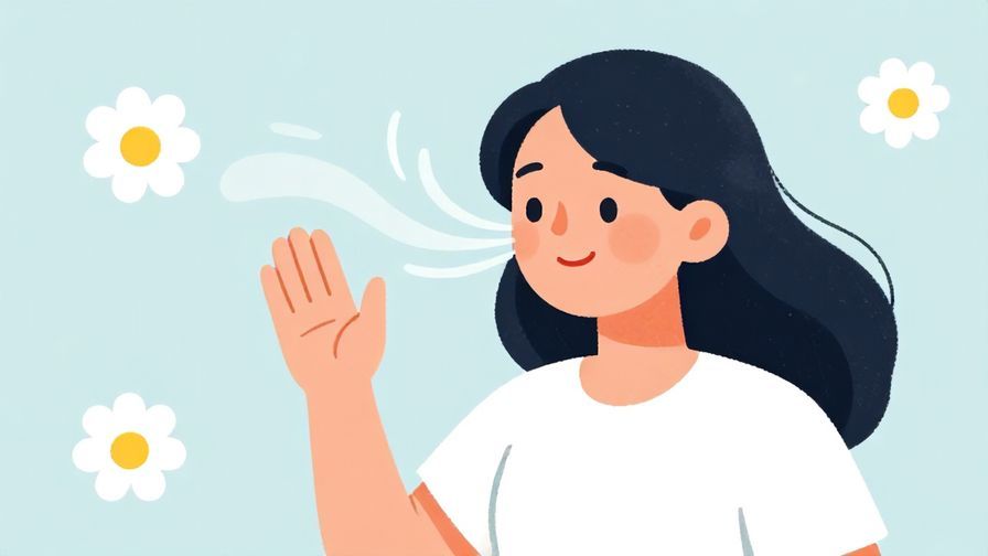 Illustration%20of%20a smiling person waving a hand dismissively, soft breeze and floating daisies in the background