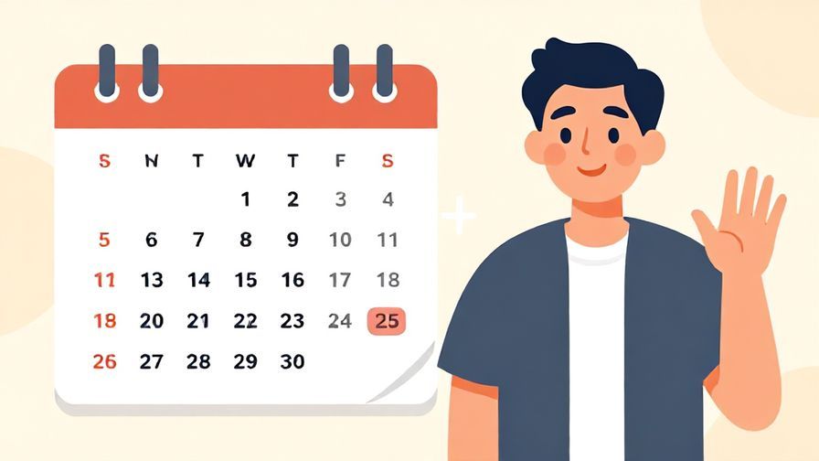 Illustration%20of%20a smiling person waving goodbye, with a calendar showing a future date marked subtly, warm colors
