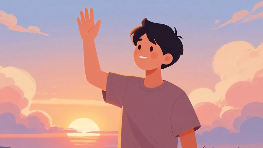 Illustration%20of%20a smiling person waving goodbye at sunset, with soft clouds and warm tones in the background. Vibrant colors, illustrated style