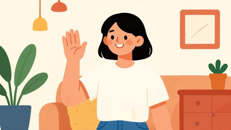 Illustration%20of%20a smiling person waving their hand reassuringly, bright cheerful room, vibrant colors, illustrated style