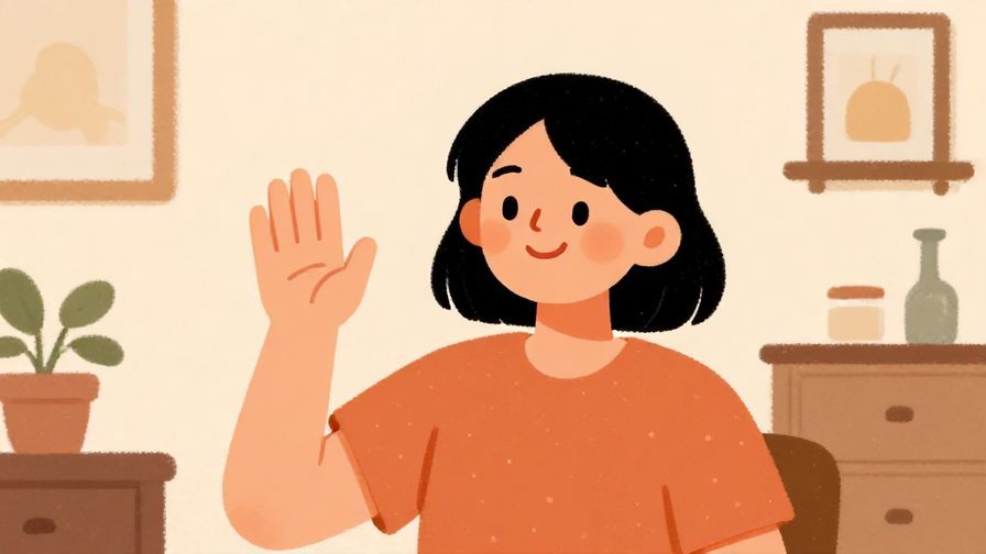 Illustration%20of%20a smiling person waving with a soft, elongated hand gesture in a cozy room, warm colors, illustrated style