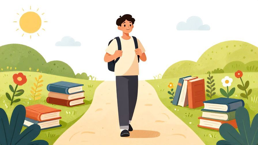 Illustration%20of%20a smiling person with a backpack walking forward on a bright path lined with books and flowers, symbolizing ongoing learning