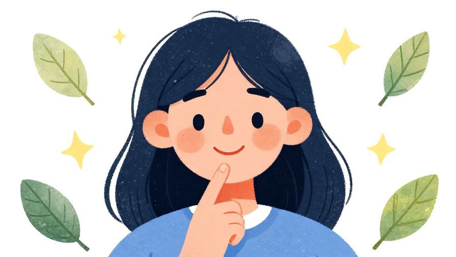 Illustration%20of%20a smiling person with a finger on lips, surrounded by floating leaves and stars, soft colors, illustrated style