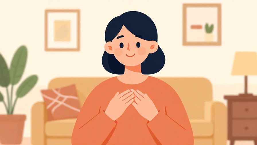 Illustration%20of%20a smiling person with a soft hand gesture, warm living room setting, bright and inviting colors