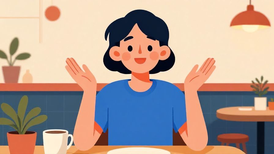 Illustration%20of%20a smiling person with hands raised slightly, showing polite surprise, indoor cafe setting, vibrant colors, illustrated style