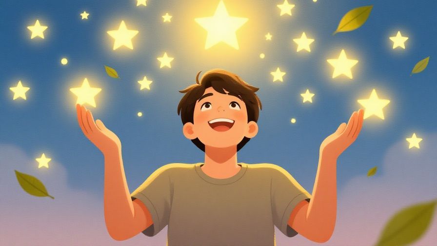 Illustration%20of%20a smiling person with hands raised in joy looking at a bright sky filled with soft stars and floating leaves, conveying a sense of carefree optimism