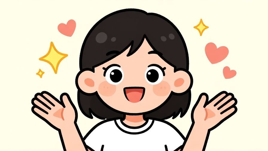 Illustration%20of%20a smiling person with wide eyes and raised hands, surrounded by sparkles and heart shapes, playful background