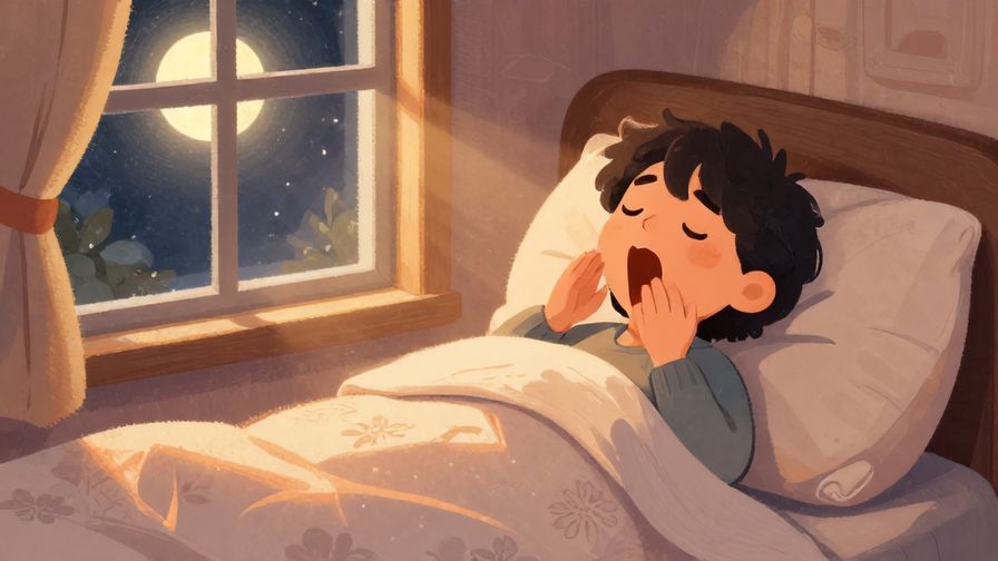 Illustration%20of%20a smiling person yawning under a cozy blanket, ready to sleep, with soft moonlight shining through a window, warm colors, illustrated style
