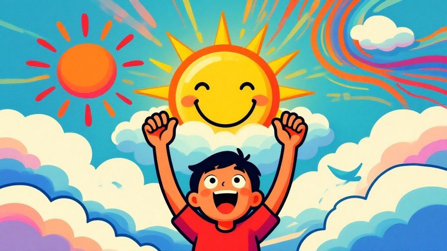 Illustration%20of%20a smiling sun peeking out from behind clouds, with a cheerful character looking up, vibrant and hopeful colors