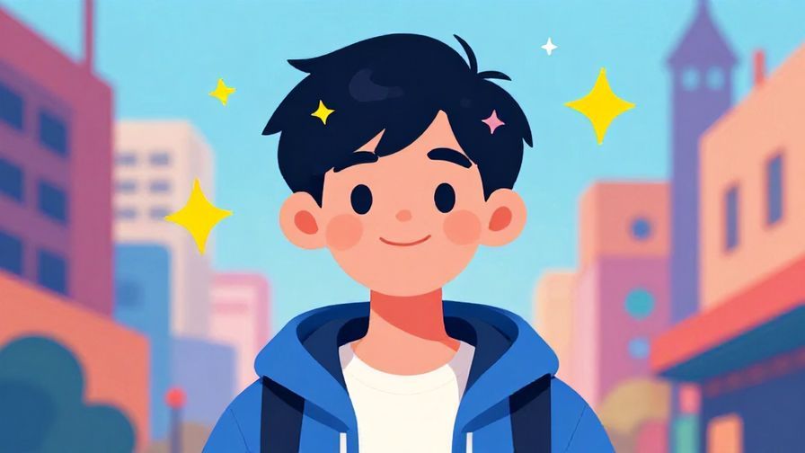 Illustration%20of%20a smiling teenager with stars around, colorful urban background