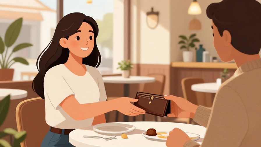 Illustration%20of%20a smiling woman confidently handing over a wallet at a restaurant table, bright daylight, warm colors, detailed cafe interior, illustrated style