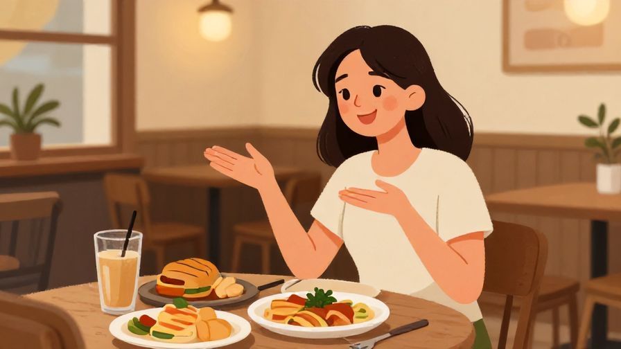 Illustration%20of%20a smiling woman gesturing towards a table full of food with a proud expression, cozy cafe background, warm lighting, illustrated style