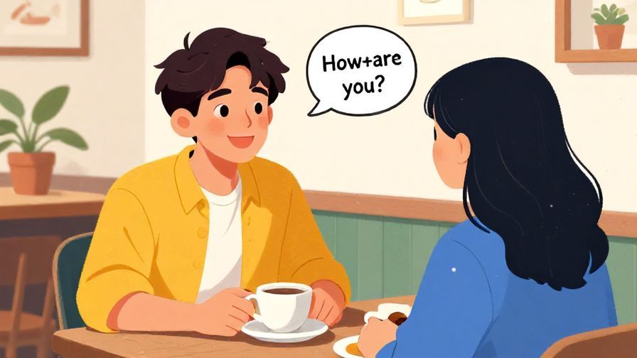 Illustration%20of%20a smiling young person casually asking a friend “How are you?” in a cozy café setting, vibrant colors